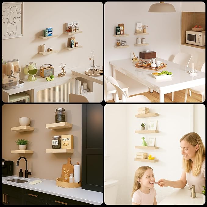 Floating Shelves for Wall, Bathroom Shelves Over Toilet, Wall Shelves & Book Shelf for Room, Hanging Shelf, Modern Wooden Wall-Mounted Small Floating Shelves, 12x7x1.5 in (Oak, Set of 4)