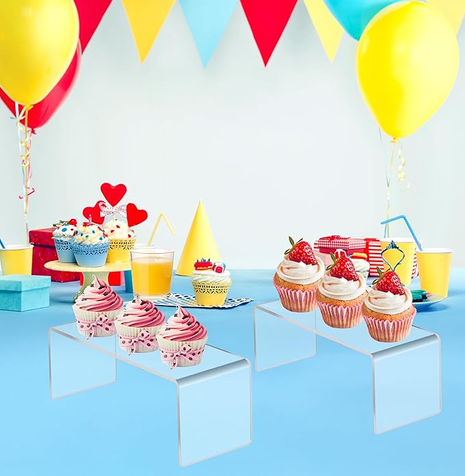 Jusalpha 2 PC Clear Acrylic Risers, Acrylic Display Risers Shelf Showcase Fixtures for Jewelry, Display Stand for Amiibo Funko POP Figures, Cupcakes, Food Display, Cabinet- (8''x 4''x 4.5'', 2 sets)