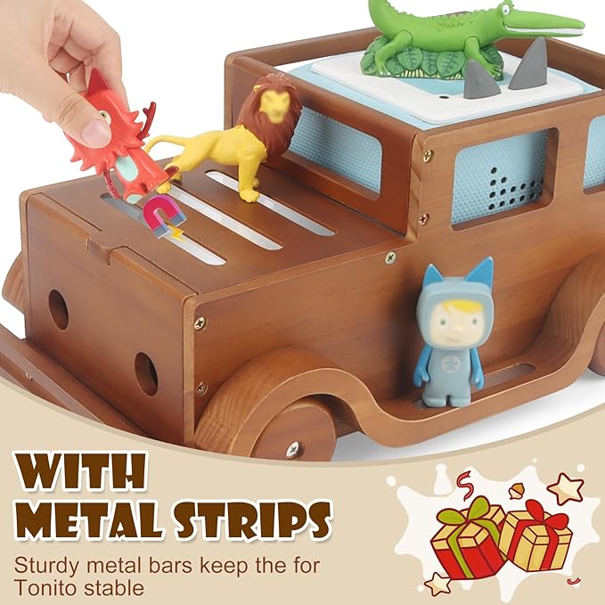 Taladad Storage & Play Car Shelf for Toniebox 2/1 Tonie Figures Characters Storage,Magnetic for Creative Tonie Box, Wooden Magnetic Shelf for Kids