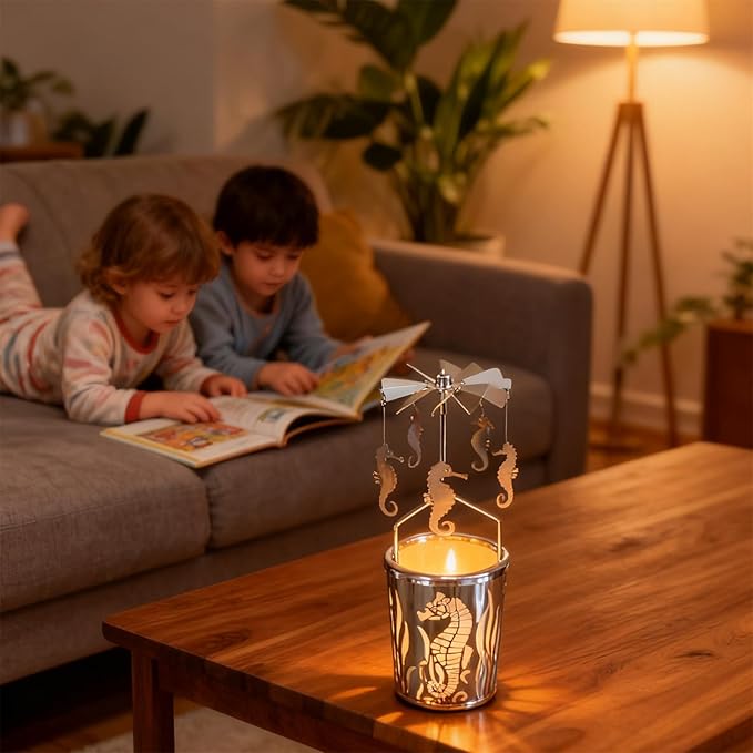 Metal Rotary Candle Holder Spinning Windmill Tea Light Carousel Decor for Home & Gifts (Silver Seahorse)