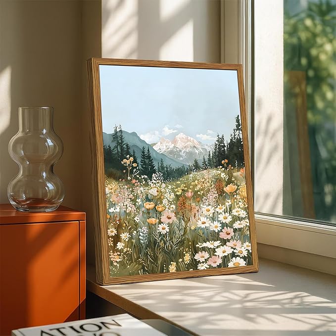 Framed Boho Landscape Wall Art, Colorful Floral Mountain Pictures Wall Decor, Vintage Wildflower Nature Paintings Canvas Prints Rustic Home Decor for Living Room Bedroom Office 16x24 inch