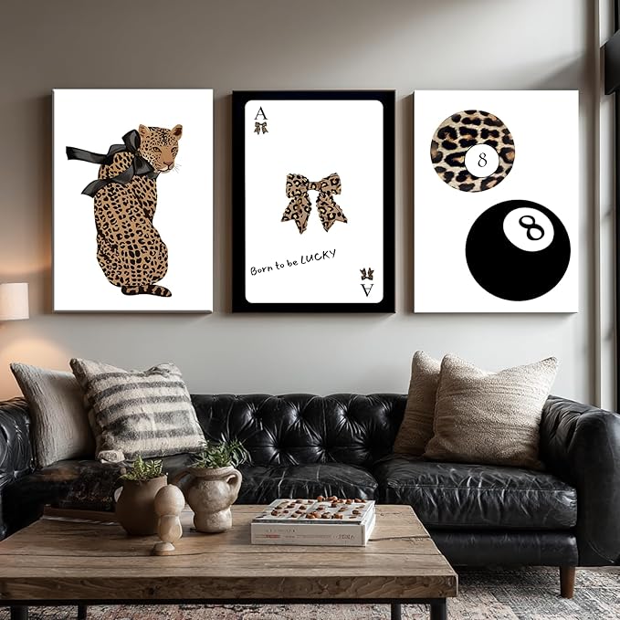 Set of 3 Trendy 8 Ball Leopard Canvas Wall Art Ace Card Bow Wall Decor Pictures Funky Born To Be Lucky Posters Prints Preppy Aesthetic Cheetah Room Decor for Girls Bedroom Apartment Dorm 16x24in