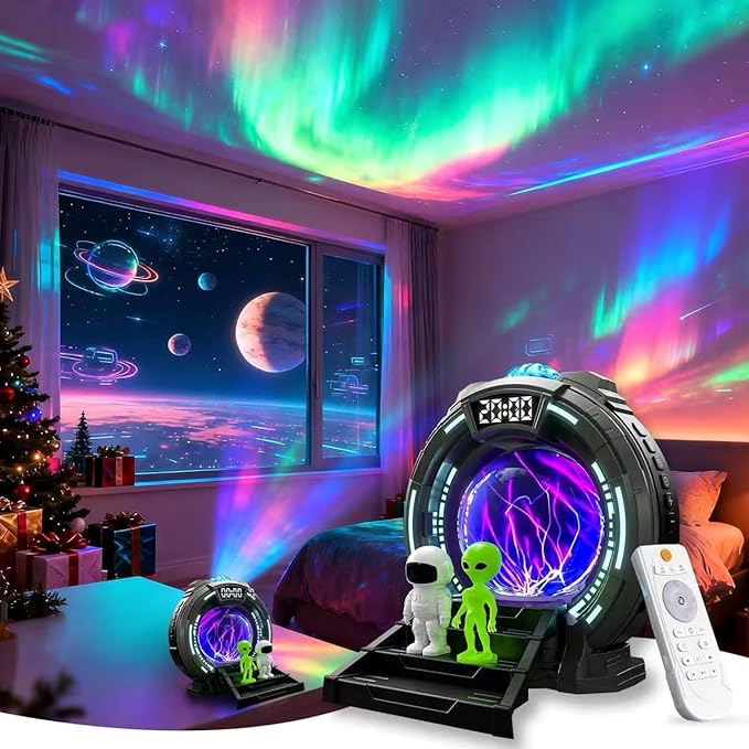 Galaxy Projector with Plasma Ball, 8 Aurora Lights, White Noise Machine, Bluetooth Speaker, Timer Alarm Clock, Remote Controlled Night Light for Bedroom, Kids/Adults, Party