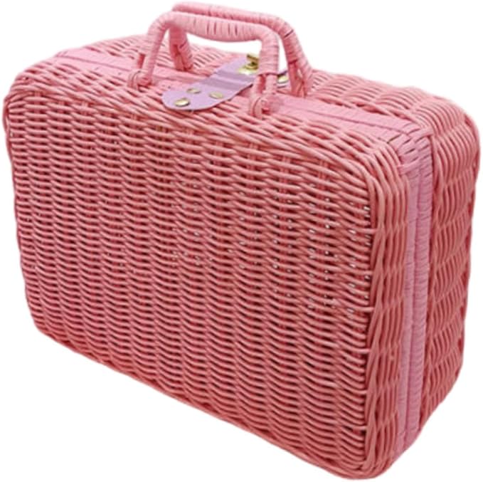 Woven Suitcase Imitation Rattan Storage Basket Gift Box Rustic Picnic Suitcase Handwoven Storage Case for Travelling Bathroom, Pink M