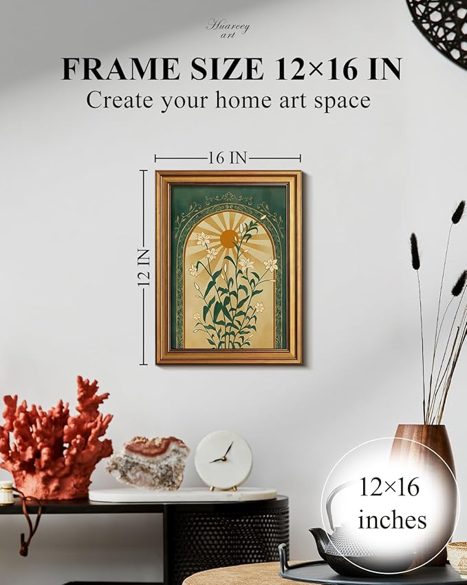 HUARCEY Gold Framed Canvas Wall Art, Sun Botanical Picture Decor, Living Room Bedroom Emerald Green Boho Art, Rustic Vintage Moody Mystical Folk Art Canvas Paintings, 12x16inch