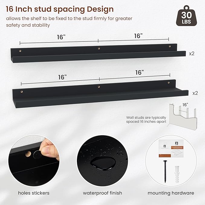 Axeman 30 Inch Black Floating Shelves | Picture Ledge Shelf Set of 4 | Rustic Wood Wall Shelves with Lip | 30" Black Picture Shelf for Wall with Ledge | Photo Shelves