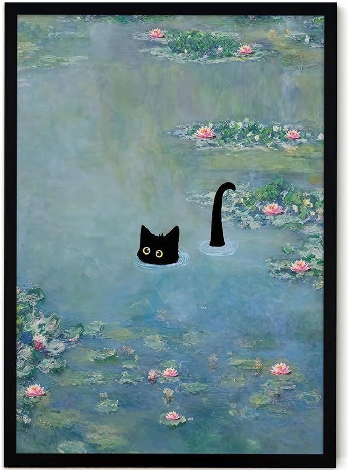 Fantasy Artists Monet Water Lilies Cat Wall Art, Framed Vintage Canvas Art Wall Decor, Funny Black Cat Posters Prints for Bathroom Bedroom Living Room Home Office Decorations 20" Wide X 30" Height