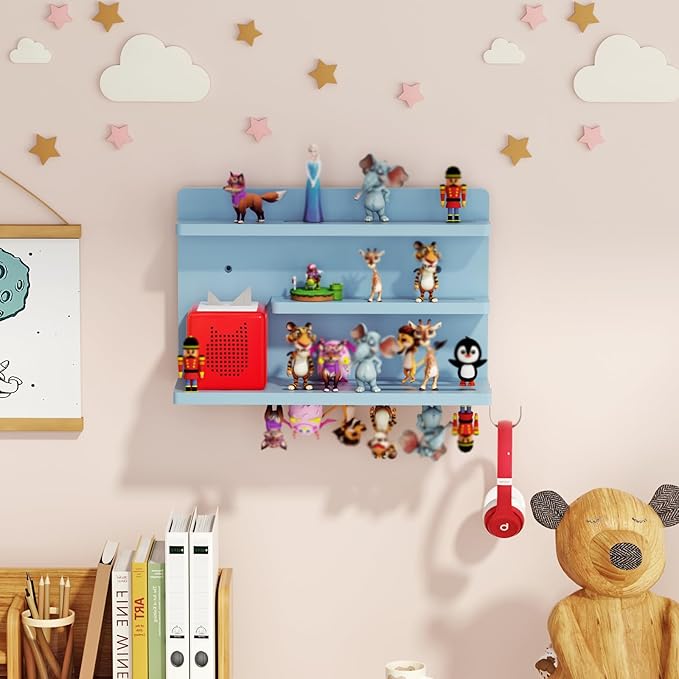 for Tonies Shelf Magnetic - Tonies Figure Organizer for Kids Room, Wooden Magnetic Display Shelf for Tonies Box Holder, Wall Floating Shelves Toy Storage Compatible Charging Station (3 Tier, Blue)