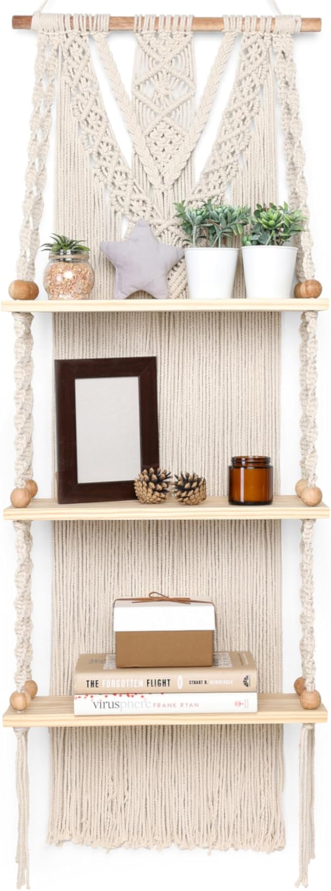 Macrame Wall Hanging Shelf 3 Tier - Boho Bedroom Decor | Macrame Wall Decor | Boho Shelf Decor, Hanging Shelves for Wall, Woven Rope Floating Wood Shelves & Storage for Small Plants