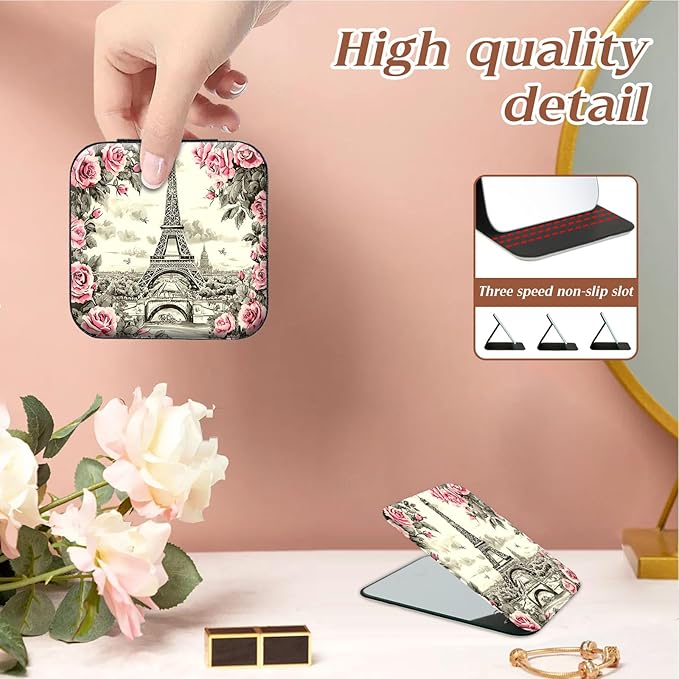 Travel Jewelry Case with Compact Mirror, Eiffel Tower Pink Rose Exquisite PU Leather Jewelry Boxes for Women and Gril, Best Gifts for People Who Travel - Dainty Jewelry Organizer
