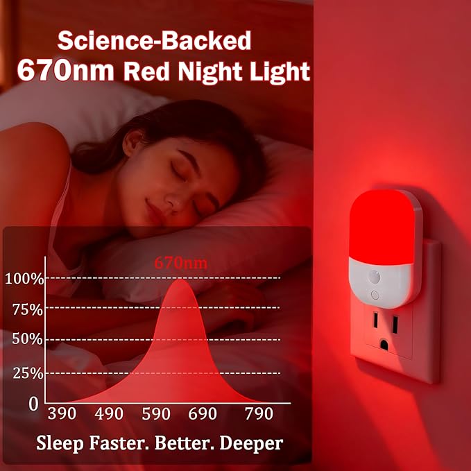 670nm Red Light Night Light for Sleep Therapy - 2 Pack, Auto Dusk to Dawn Sensor, 0.3W Dimmable & Portable LED Red Night Light Plug into Wall for Nursery Bedroom Bathroom Kitchen Hallway