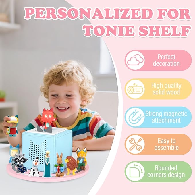 360° Round Turntable for Tonies Box 1/2 Organizer Storage Shelf, Magnetic Stand Holder for Toniebox Player Tonies Figures, Display Collection 10~15 Tonie Box Characters (Pink)