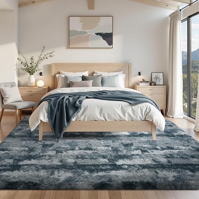 Area Rugs for Living Room 8x10 Feet, Soft Fluffy Shagg Plush Bedroom Rug Non-Slip,Large Carpet for Nursery Kids Dorm Home Decor Grey White