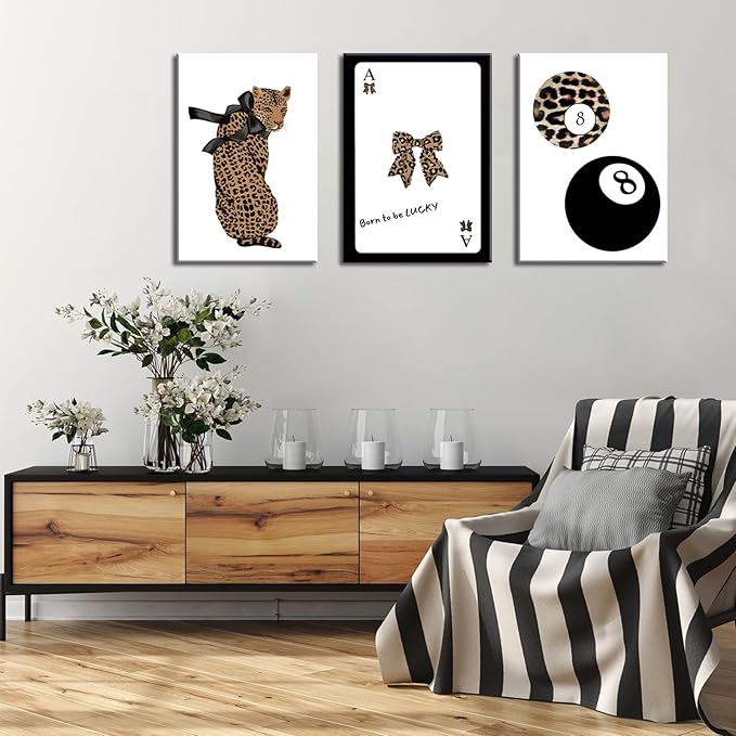 Set of 3 Trendy 8 Ball Leopard Canvas Wall Art Ace Card Bow Wall Decor Pictures Funky Born To Be Lucky Posters Prints Preppy Aesthetic Cheetah Room Decor for Girls Bedroom Apartment Dorm 16x24in