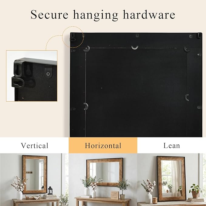 Rustic Solid Wood Wall Mirror 36x24 Inch, Vintage Wood Framed Wall Mirror for Bathroom Over Sink, Living Room, Hallway & Entryway, Farmhouse Style Decorative Mirror