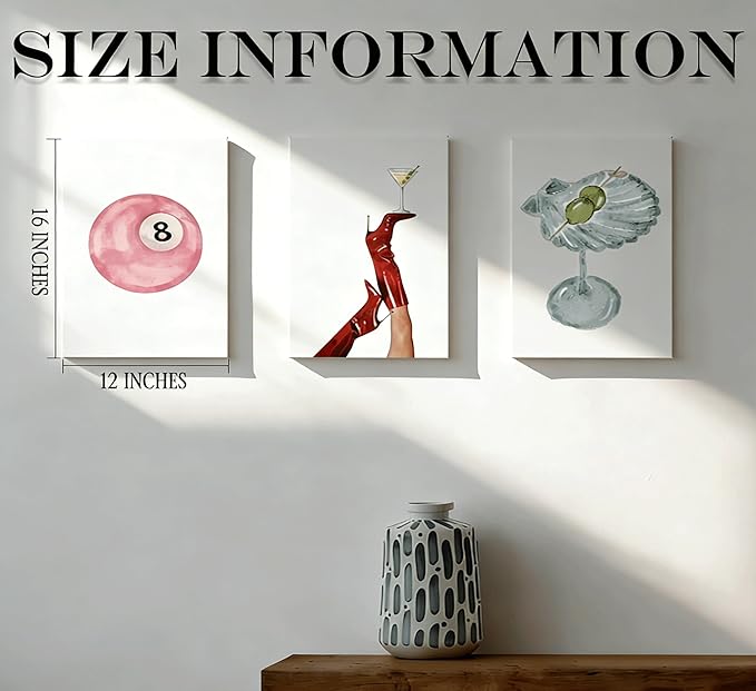 3Pcs Funky Martini Canvas Prints Wall Art,Trendy Preppy Pink Number 8-Ball Pictures Posters,Y2k Girl's Room Wall Decor for girl rooms,dorm rooms, and apartments. 12x16in Framed