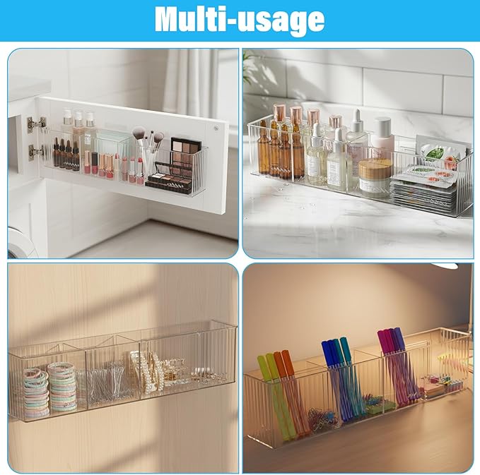 3 Pack Bathroom Makeup Organizer Wall Mount Clear Bathroom Organizers and Storage with 3 Compartments Plastic Storage Organizer Bins Floating Shelves for Wall, Narrow Space, Office, Bedroom 13.78''Len