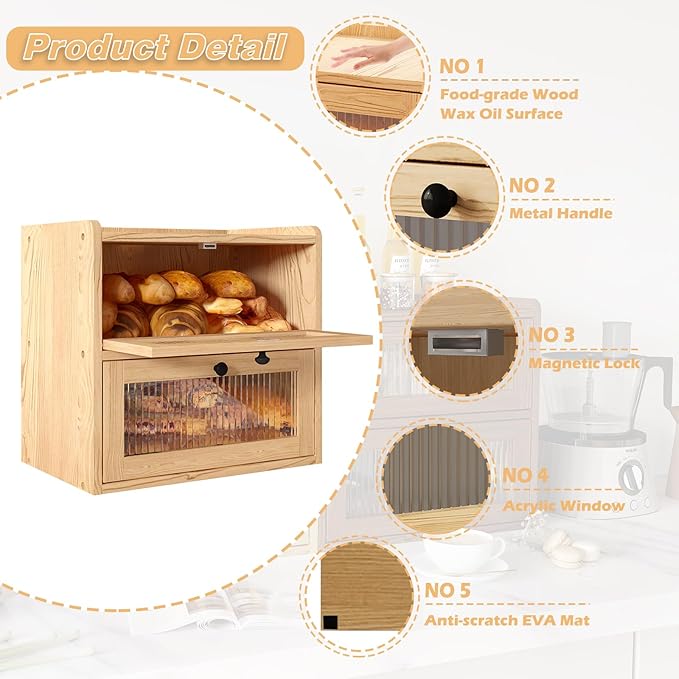 Alpeir Double Layer Large Bread Box for Kitchen Counter, Wooden Corner Bread Storage Container with Acrylic Window, Original
