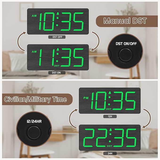 DreamSky Wooden Digital Alarm Clock for Bedroom - Desk Clock with Large Numbers for Living Room Office, Loud Alarm for Heavy Sleepers Adults, Volume Control, Dimmer, DST, Wood Decor (Plug in Clock)