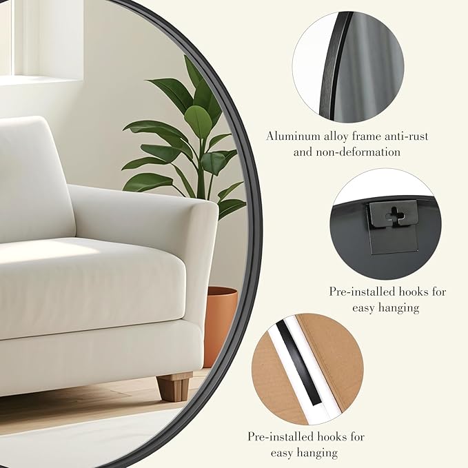 DUMOS Black Circle Mirror for Wall 20.02 inch, Bathroom Round Mirror for Over Sink, Bathroom, Entryway, Bedroom, Vanity