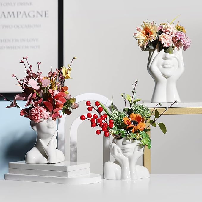 White Ceramic Vase Creative Human Body Art Design Multi Functional Office Desktop Organizer Pen Holder Makeup Brush Holder Home Decor Vase for Flowers Boho Ceramic Vases Stylish Decorative Accent (B)