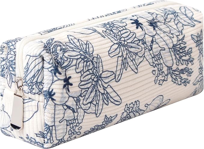 Pencil Case Lightweight Aesthetic Pen Case Office College School Storage Bag Pouch Holder Box Organizer Makeup Pouch Cosmetic Bag for Girls Boys Kids (Flowers-Navy blue)
