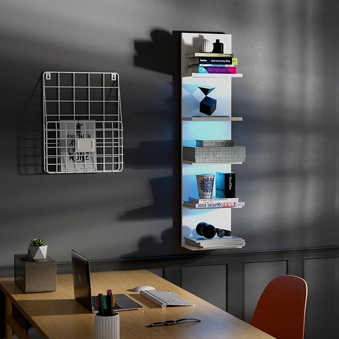 VIWODS 5-Tier Wall Shelf Unit with RGB Light, Floating Lack Shelf for Wall Storage, Wall Mounted Vertical Display Shelf for Bedroom Living Room Vanity, White