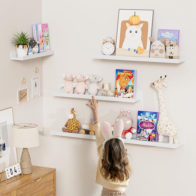 Heimlove Picture Ledge Shelf,24 inch Long Floating Shelves for Wall Set of 4,White Picture Shelf with Lip for Wall Decor,Living Room,Bedroom,Bookshelf,Nursery,Perfume