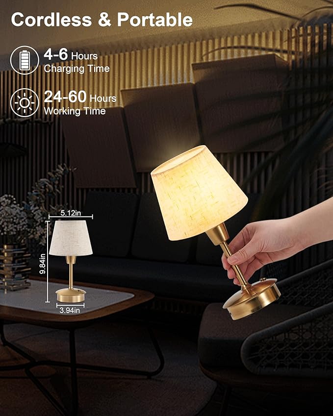 Small Cordless Table Lamp for Restaurant Dining Table, 5200mAh Rechargeable Battery Operated Lamps, Portable Dimmable Touch Light Warm Ambient Lighting for Bedroom Living Room Kitchen Entryway Outdoor