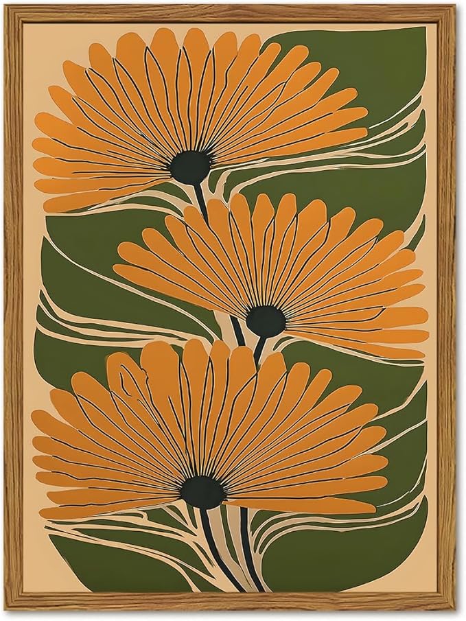 Framed Boho Floral Canvas Wall Art, Vintage Flower Pictures Wall Decor, Abstract Botanical Paintings Prints Maximalist Home Decor for living Room Bedroom Office 12x16 inch