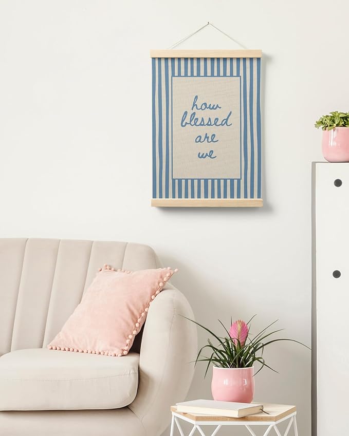 FGFK Trendy Blue Christian How Blessed Are We Wall Art Poster Hanger Frame, Retro Blue Striped Religious Bible Verse Canvas Prints Framed Wall Decor for Home Girls Room Bedroom, 12x16 Inch