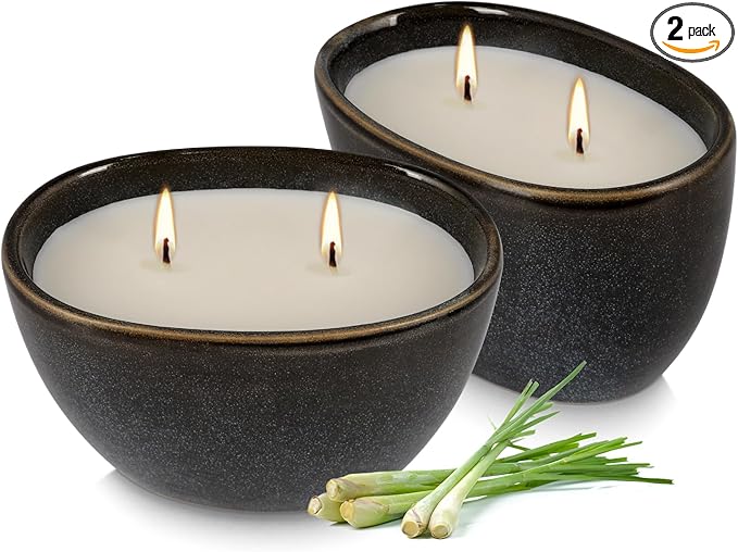 2-Pack Black Ceramic Citronella Scented Candles – Dual-Wick, All-Natural Wax, Decorative Geometric Design for Indoor/Outdoor Ambiance