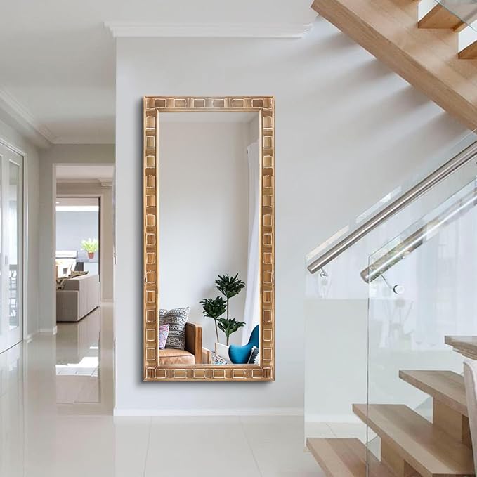 POZINO Full Length Mirror with Solid Wood Frame, 65"X30" Farmhouse Wooden Floor Mirror for Dressing, Large Rustic Rectangle Wall Mirrors for Living Room Bathroom Bedroom, Horizontal Or Vertical