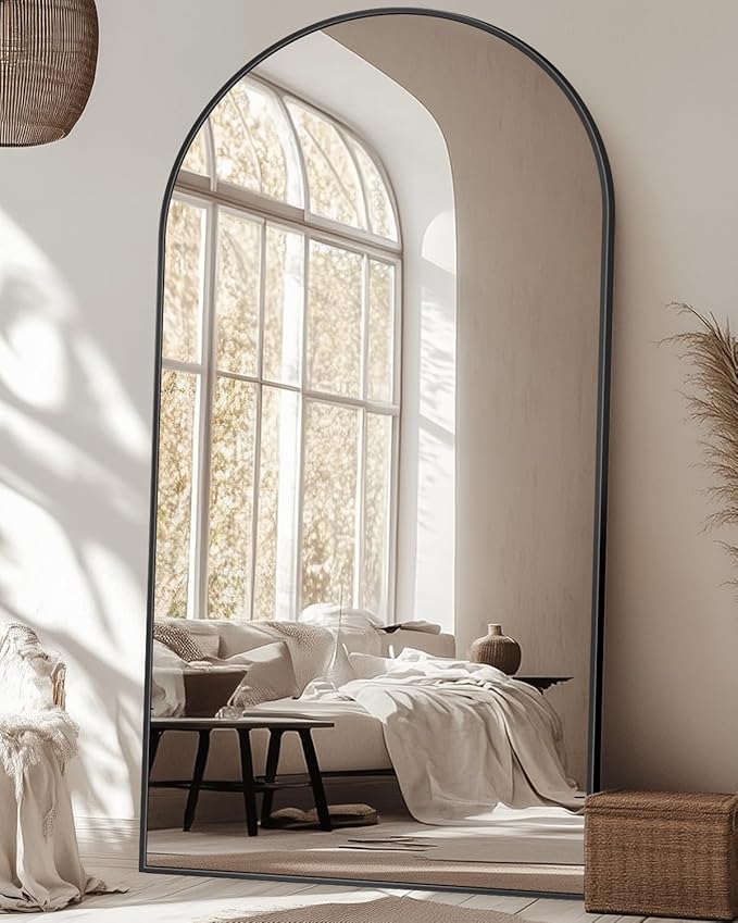 Antok Full Length Mirror, 78"x38" Floor Mirror with Stand, Hanging Mounted Mirrors for Bedroom, Living Room, Cloakroom, Dining Room, Black, Arched