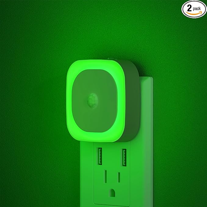 YUNLEX 2 Pack Plug in Night Light with Motion Sensor & Dusk to Dawn Sensor, 3 Sensor Modes, Auto ON/Off, Owl Mode for Steady Low Light, Dimmable, Calming Green LED for Home Office, Hallway, Bathroom
