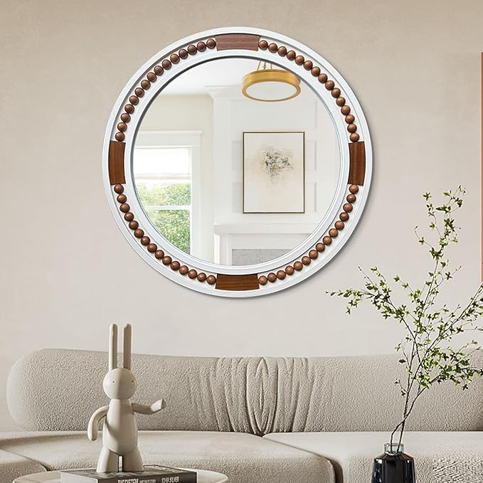 HQiJun 32 Inch Round Boho Wall Mirror, Large Rustic Coastal Wall Decor with White Wood Frame and Brown Bead Accents,Farmhouse Decorative Mirror for Entryway, Bedroom, Living Room