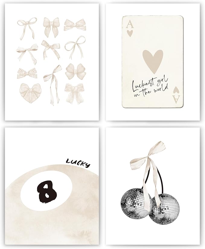 okaxscm Beige Coquette Trendy Preppy Wall Art Prints Set of 4, Coquette Room Decor, Preppy Room Decor Aesthetic, Beige Bow Disco 8 Ball Cherry Wall Decor Posters for Girls Bedroom Dorm, 8x10 Unframed