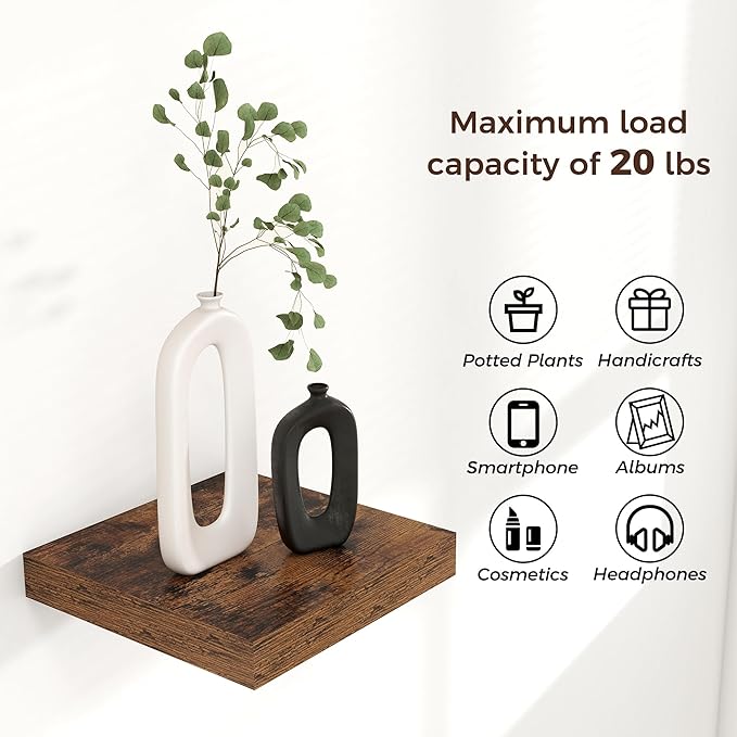 Square Floating Shelves for Wall 8"W x 8"D x 1.2"H, Small Engineered Wood Wall Shelves with Invisible Brackets for Living Room Bedroom Bathroom Office Kitchen Storage & Decor, Rustic Brown, Set of 3