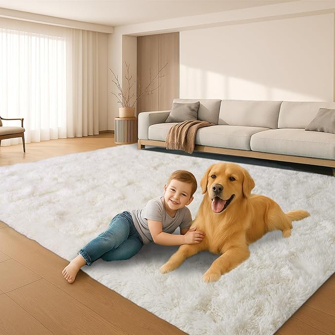 8x10 Area Rugs Living Room, Cream White Large Plush Fluffy Bedroom Carpet, Non-Slip Upgraded Indoor Thick Soft Rug, Modern Plush Carpet Suitable for Kids Home Decor Aesthetics Dorm.