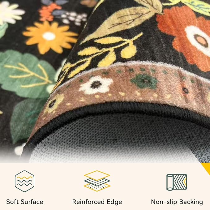 RELEANY Floral Nursery 8x10 Area Rugs Washable Print Boho Cute Carpet Non Slip Flower Low Pile for Living Room Kids Girls Playroom Bedroom Kitchen Office Farmhouse-Black/Yellow/Red