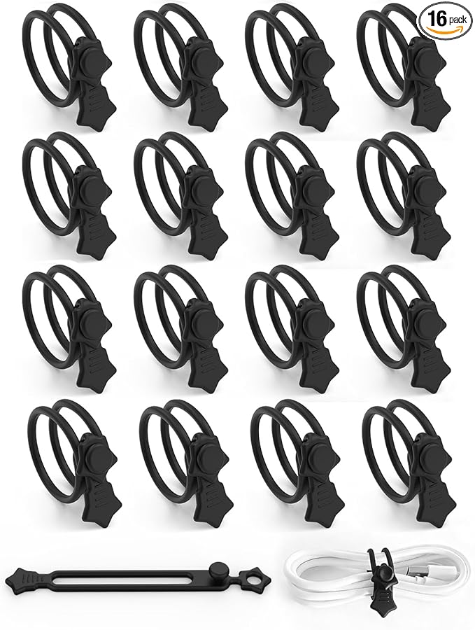 Quick Bind–Silicone Cable Ties Reusable, Cord Organizer for Charging Cables, Data Cables & Computer Wires, Multipurpose Elastic Cable Management Straps for Home,Office,Travel(16pcs,Black)