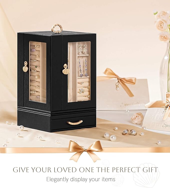 Enthralite Jewelry Box Large for Dresser: Women Necklace Ring Storage Organizer with Compartments - Elegant Earring Holder Display - 360° Rotating Jewelry Organizer with Glass Door