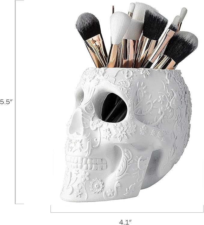 Skull Makeup Brush, Candy Bowl & Pen Holder, Bowl, Spooky Goth Decorations, Extra Large, Strong Resin, Skeleton Skulls and Bones Organizer Bathroom Trick Or Treat Decor by Gute (White)