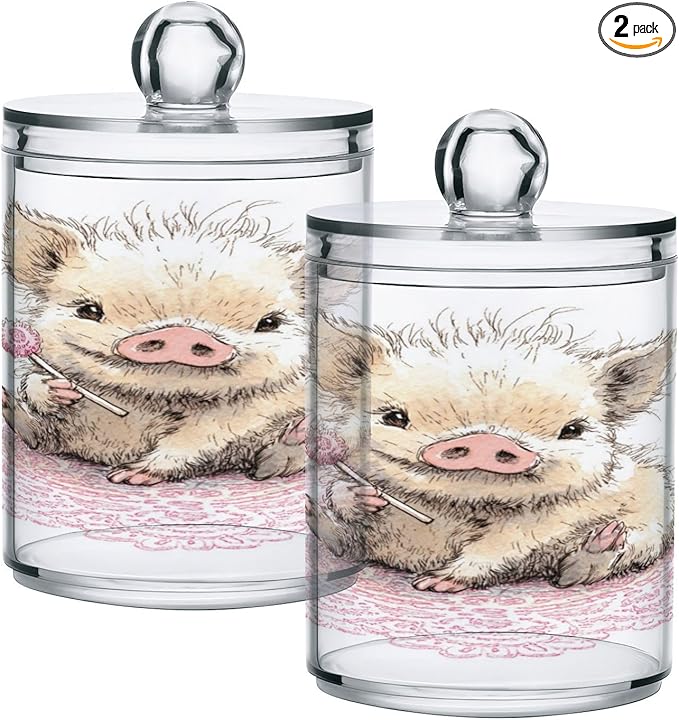 2 Pack Apothecary Jars,Adorable Pig with Sweet Treat Bathroom Vanity Storage Organizer Set,Small Clear Plastic Storage Jars Bathroom Canister for Cotton Swabs,Rounds,Balls,Qtips,Makeup Sponges