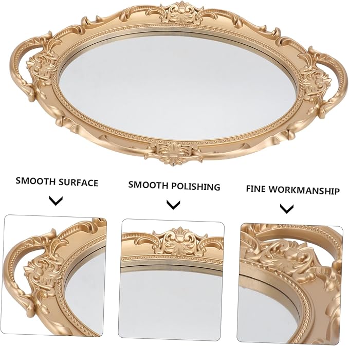 Lurrose Retro European Style Mirror Tray for Jewelry and Perfume Storage Elegant Decorative Oval Makeup Organizer Plate for Wedding Vanity Home Office Display