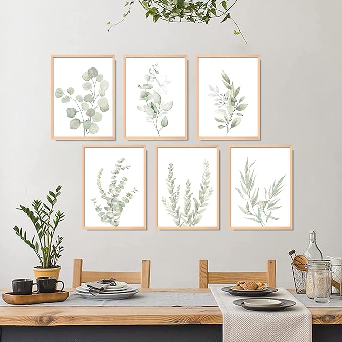 Botanical Plant Wall Art Boho Decor Prints Light Green Eucalyptus Leaf Picture Canvas Wall Art Minimalist Floral Wall Decor for Bedroom Living Room Bathroom Kitchen (Set of 6, 12x16 inch, Unframed)