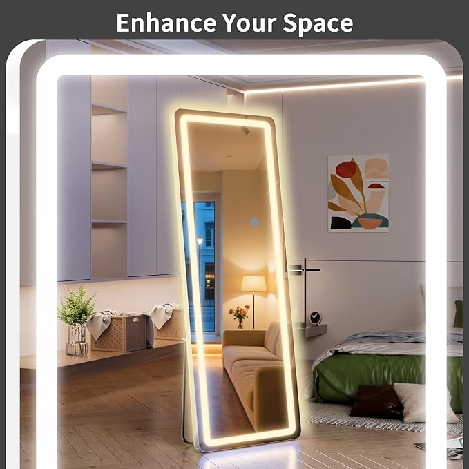 Standing Mirror Full Length with LED Lights, 65"x24" Lighted Mirror with Dimming & 3 Color Lighting, Tall Mirror Full Body for Bedroom, Dressing Room