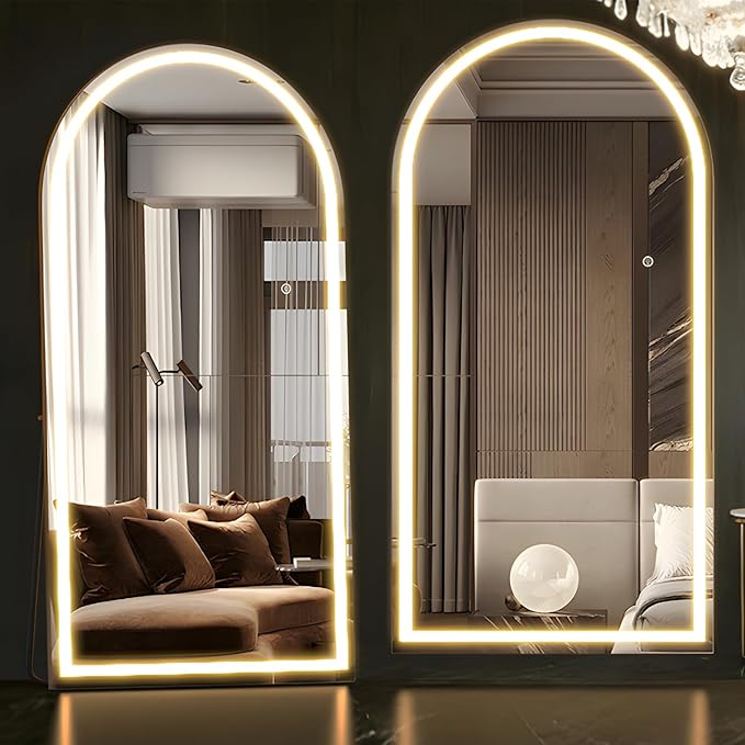 Arched 180x80cm Full Body Mirror with Light, LED Floor Mirror, Wall Mounted Dimming & 3 Color Lighting for Bedroom, White