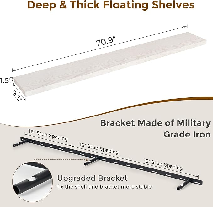 Fun Memories 72 Inch Long Floating Shelves for Wall, 72x9.3 Large Floating Shelf for Bedroom, Kitchen, Bathroom, Wall Mounted Rustic Wood Shelves with Invisible Bracket for Books, Decor, Brich