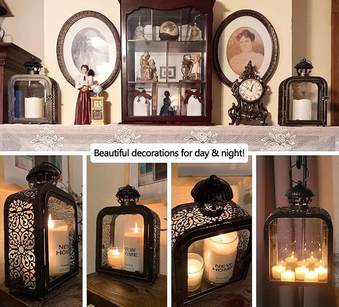 DECORKEY Candle Lantern Decorative Indoor & Outdoor, Vintage Metal Lanterns with Clear Glass, Tabletop&Hanging Candle Holders for Patio Front Porch Home Decor, Christmas Decorations (Bronze)
